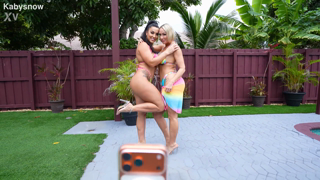 Courtney Tillia & Mellanie Monroe - Busty Bimbo Cum Twice BBC Pool Day FFM Threesome.mp4